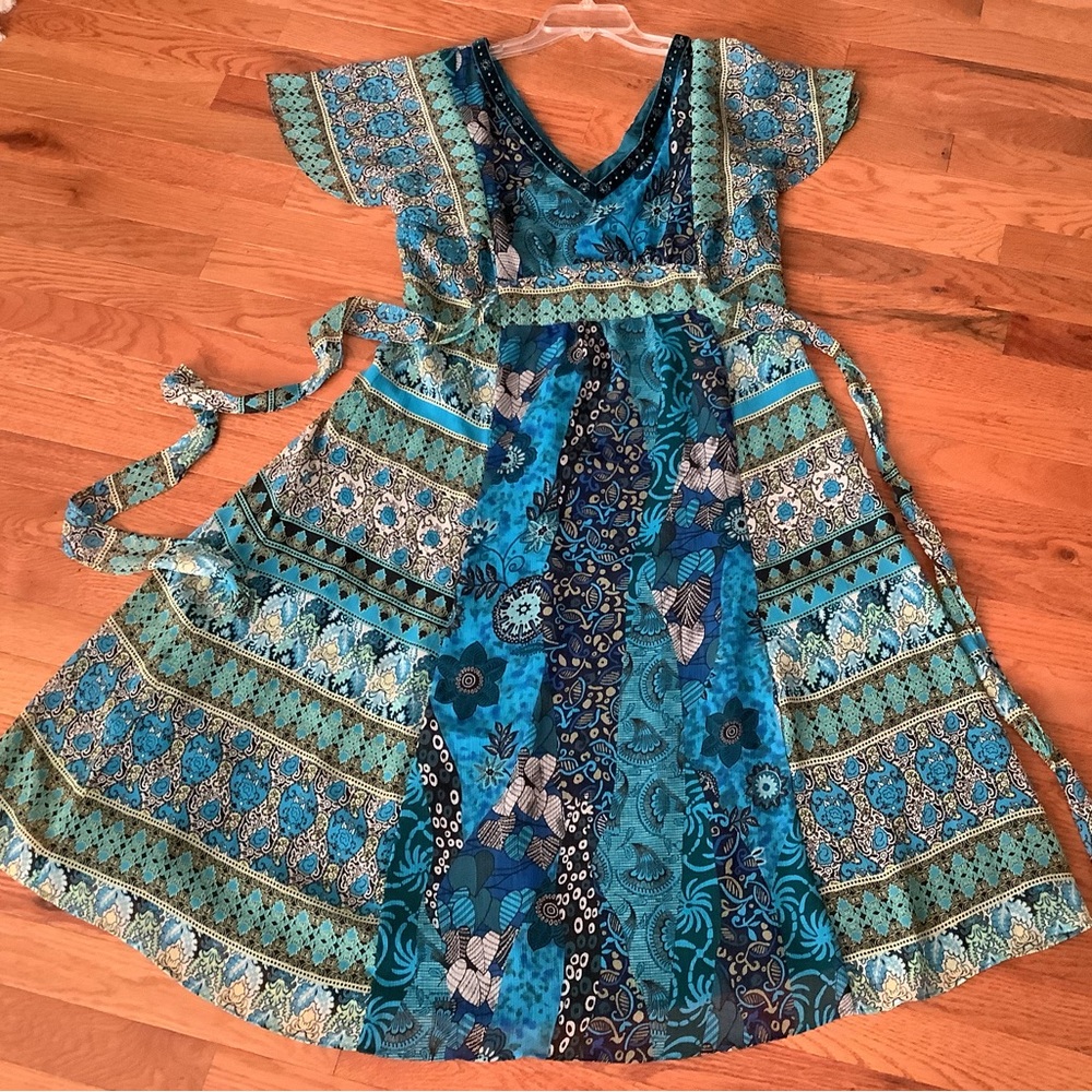 NY Collection Flirty Boho Maxi Dress Blues, Greens, Black, White, LINED sz12 EXC